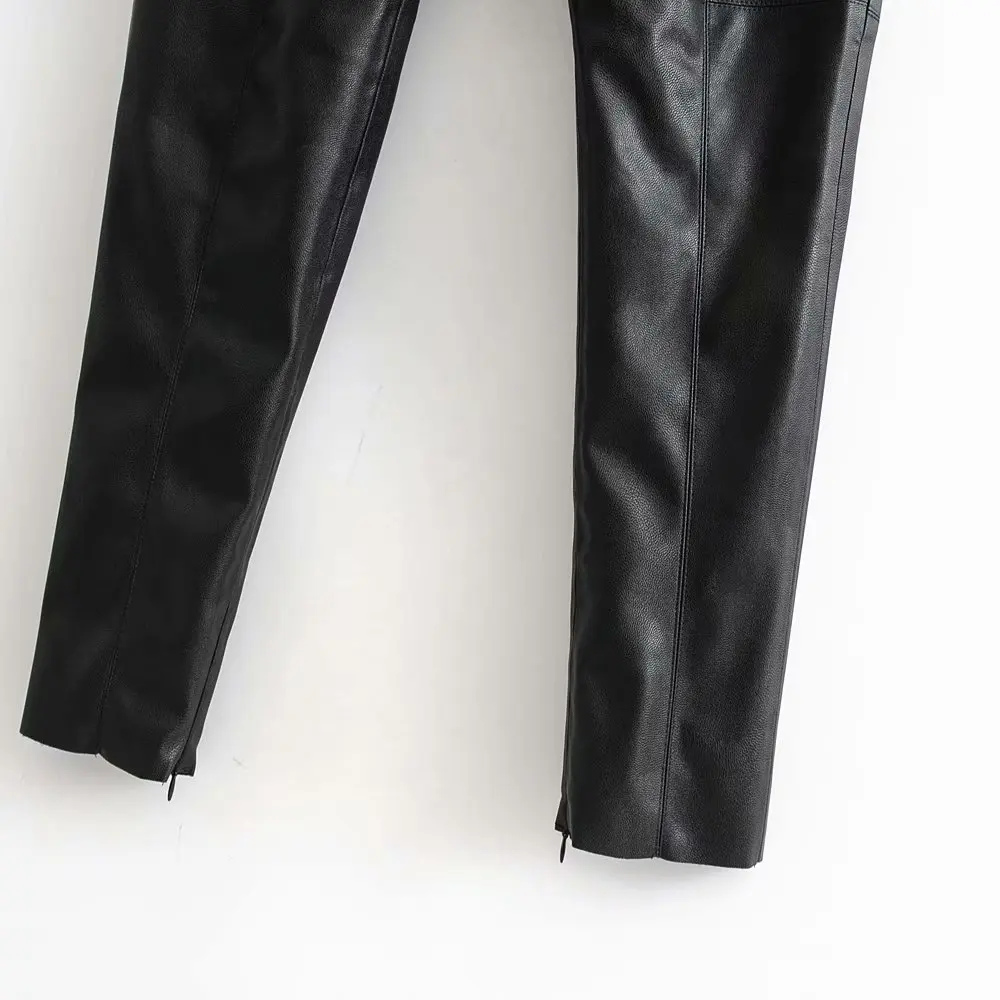 

2021 New Women Autumn Black Faux Leather Elastic High Waist Jegging Pencil Pants Ladies Skinny PU Fake Leather Trousers Zippers