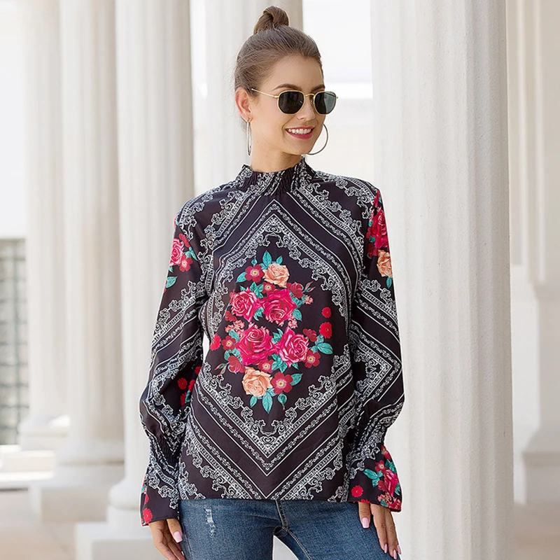 

Paris Girl New Black Bohemian Floral Women Blouse Chic Long Sleeve Womens Tops Leopard Print Female Shirts