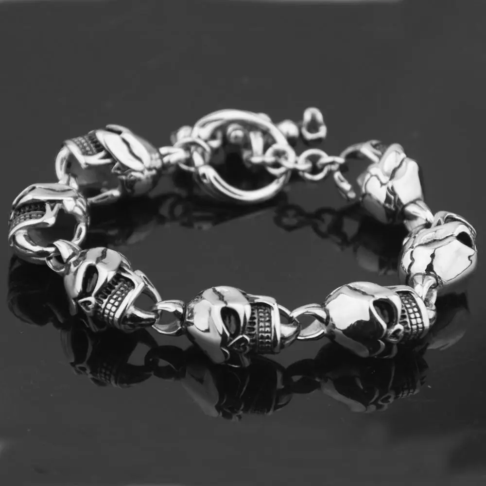 

Hot Selling NEW Fashion jewelry Gold Color Titanium Stainless steel Classic Biker Men's Skull heavy Bracelet/Bangles