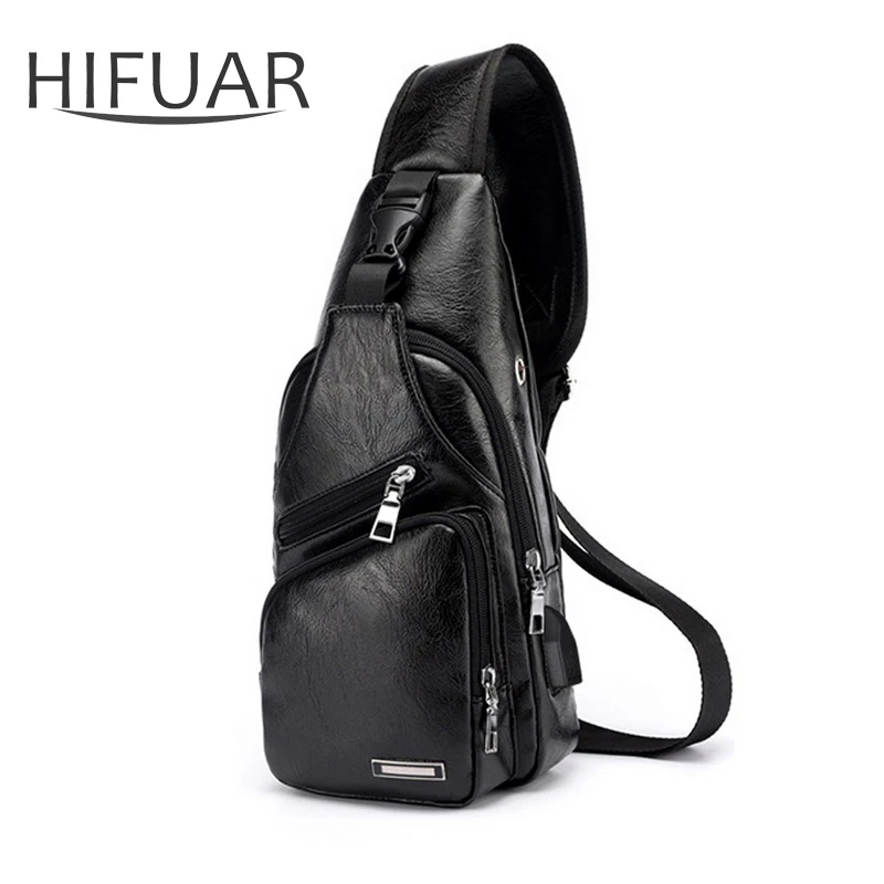 Мужская нагрудная сумка через плечо мужская кожаная с usb разъемом для зарядки