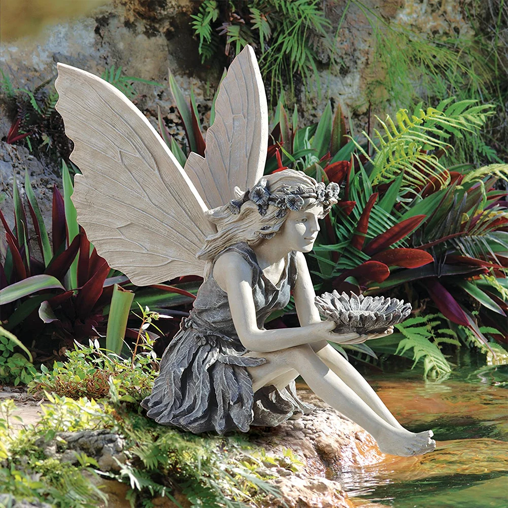 

Flower Fairy Statue Sitting Art Sculpture Figurines Garden Ornament Angel Wings Resin Craft Landscaping Home Outdoor Decoration