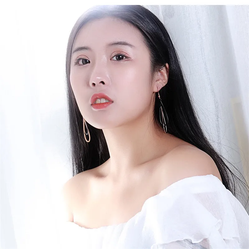 Simple black earring lady stainless steel rose gold style geometry shape long | Украшения и аксессуары