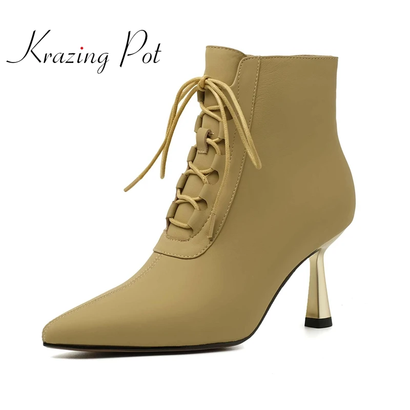 

Lenkisen 2022 Новое поступление овечьей кожи с острым носком на необычном высоком каблуке рабочие сапоги в простом стиле взрослые базовые ботиль...