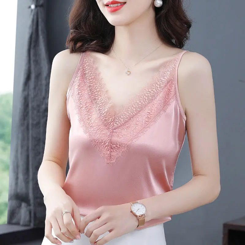 

1pcs Women's Sexy Tube Suspenders Camisole Tops 2021 Summer Satin Lace Splicing Sleeveless Bustier Stretch Tube Ladies bra Tanks