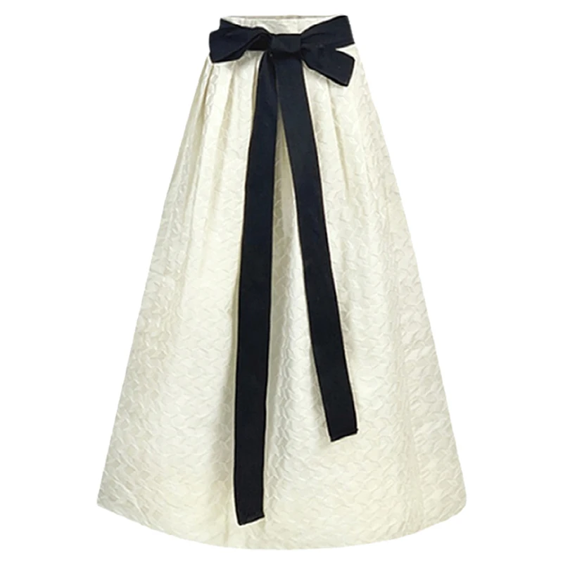 

High-grade light luxury embossed mid-length bowknot skirt 2022 Spring wimen new high-waist a-line skirt