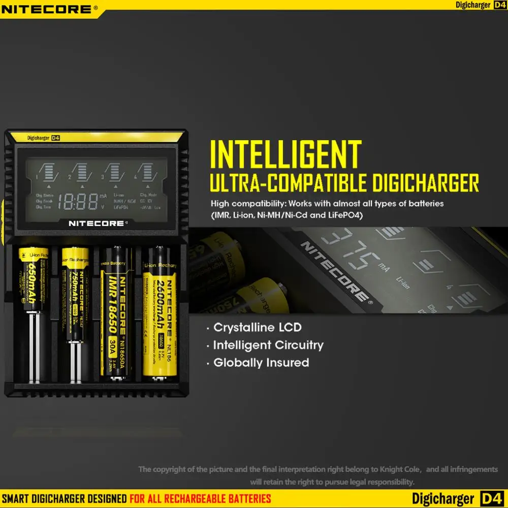 Оригинальное зарядное устройство Nitecore D4 умное с ЖК-дисплеем для аккумуляторов