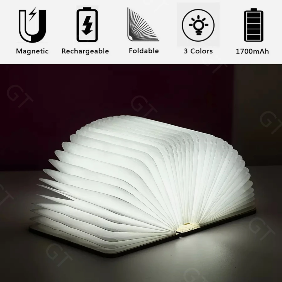 

Magnetic Folding Table Lamp, 3D Creative LED Lether Book Night Light with 5 Colors and 5V USB Rechargeable for Home Decoration