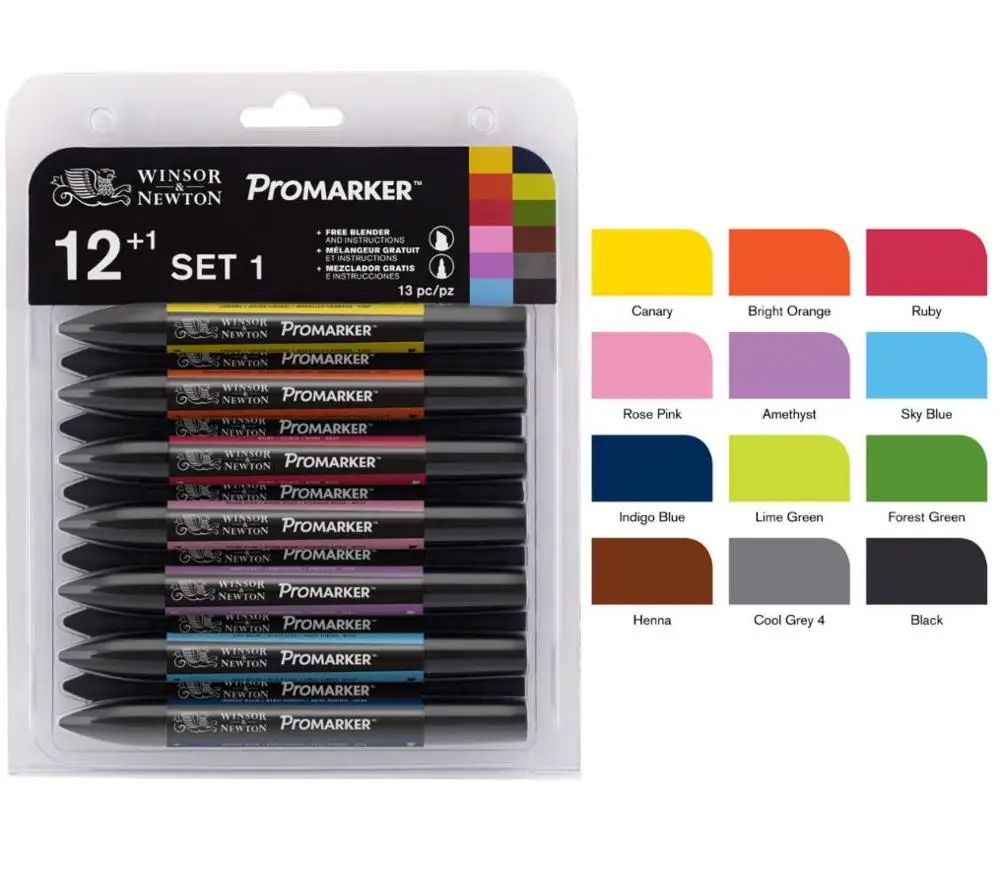 WINSOR& NEWTON Promarkers набор двухконцевых маркеров на спиртовой основе 6 цветов и 12 цветов дизайн Профессиональный маркер для художников - Цвет: 12 Set 1