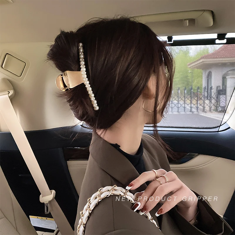 

New Women Elegant Rhinestone Metal Temperament Hair Claws Back Of Head Pearl Hairpin Large Hair Clip Headdress Shark Clip