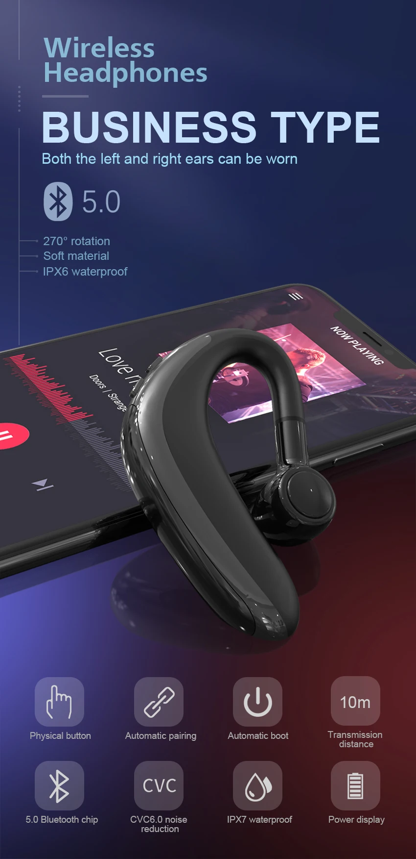 H500 Спортивная Беспроводная bluetooth-гарнитура 5,0 Hi-Fi стерео большая емкость батареи долгое время ожидания бизнес гарнитура игровые наушники