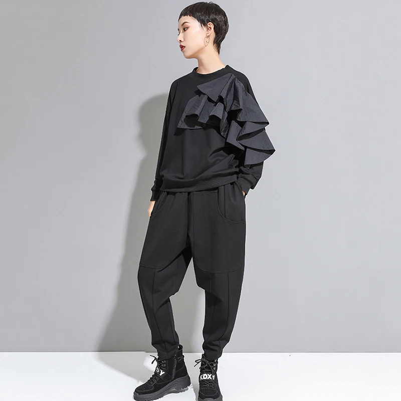 

[EAM] High Elastic Waist Black Pocket Trousers New Loose Fit Harem Pants Women Fashion Tide All-match Spring Autumn 2021 1A940