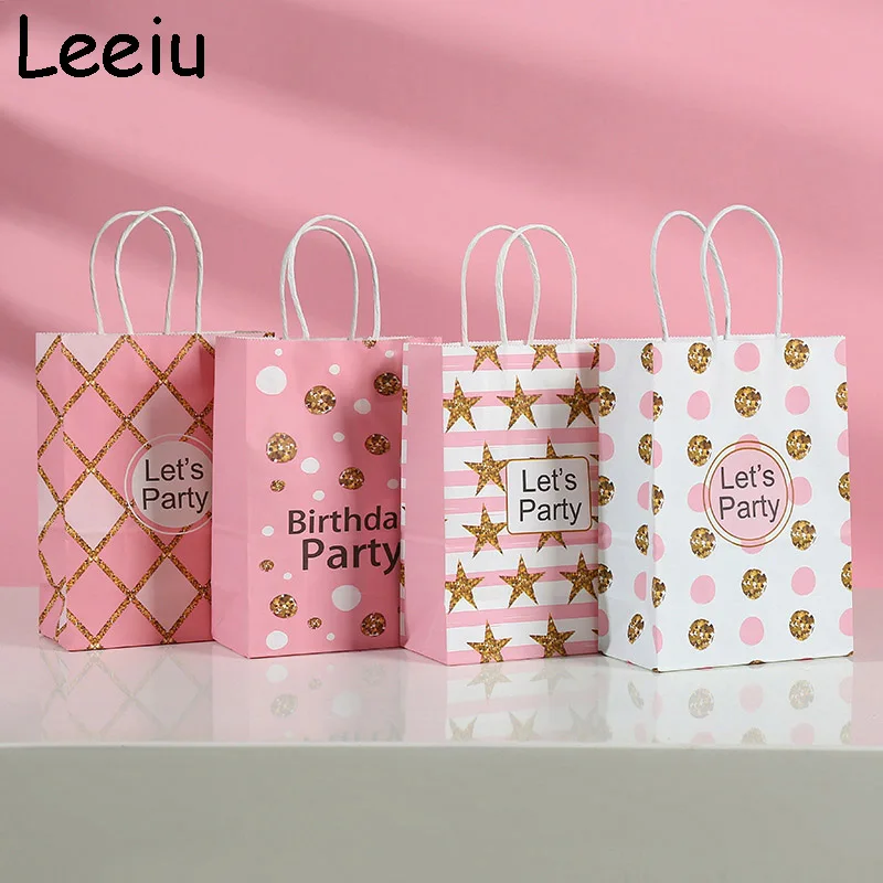 

Leeiu 5pcs Let 's Party Happy Birthday Tote Bag Baby Shower Pink Blue Kraft Paper Bag Wedding Decoration Party Favor Gift Bags