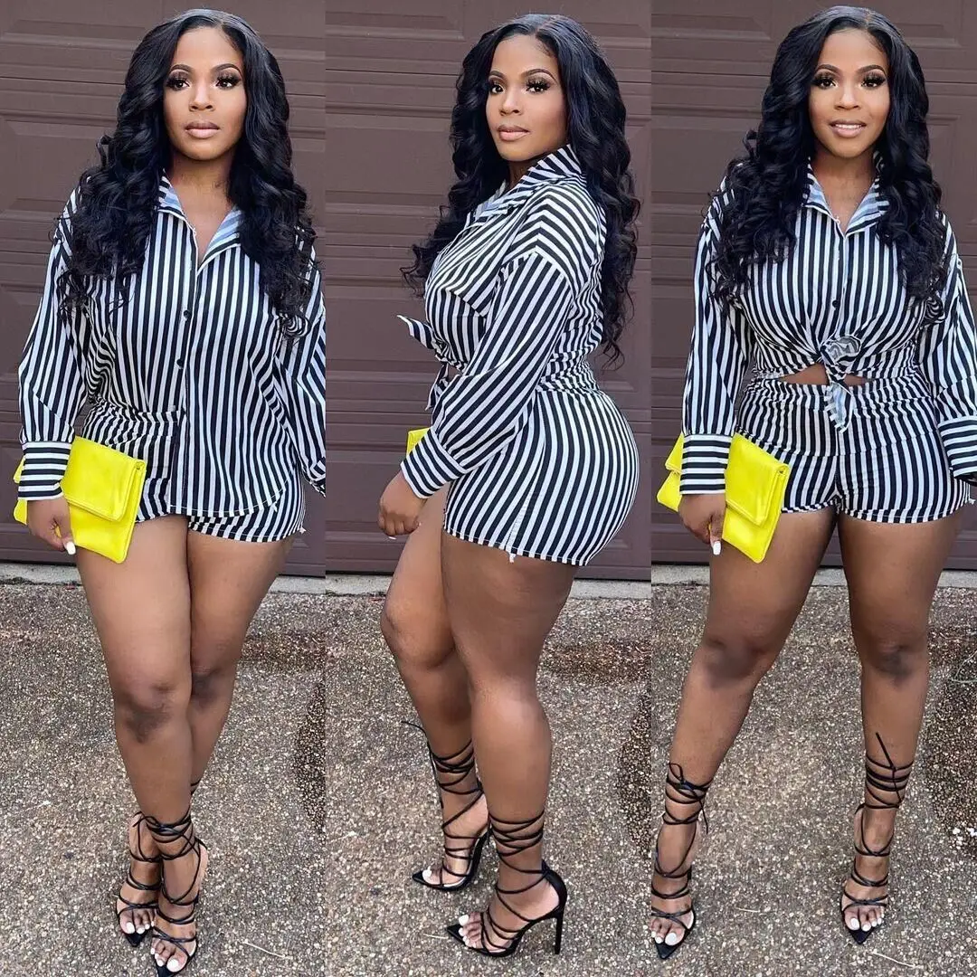 2022 Summer Women Striped Two Piece Set Shirt And Short Pants Tracksuit Streetwear Clothes For Women Outfit