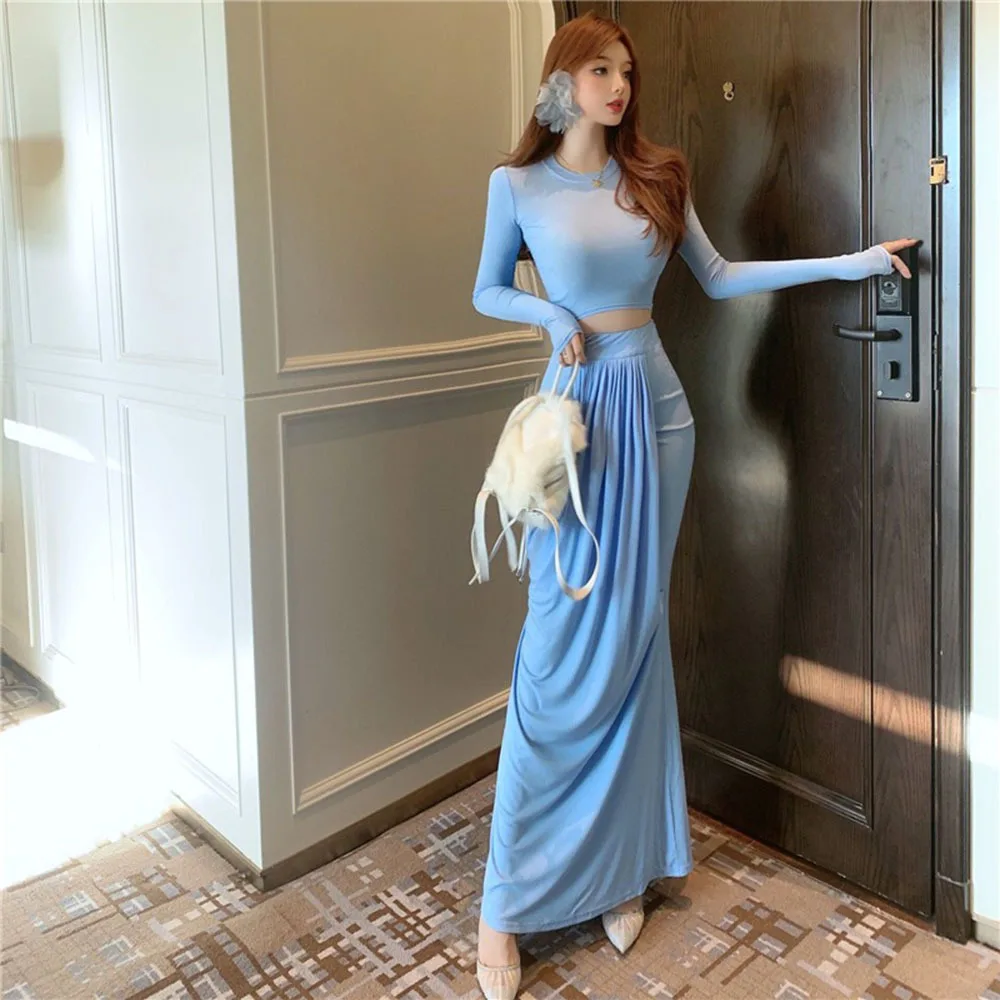 

Женский комплект из 2 предметов, Топ с длинным рукавом и юбка рыбий хвост с завышенной талией, 2021