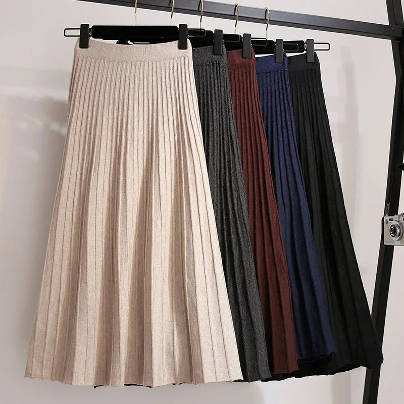 

Осенне-зимняя трикотажная плиссированная юбка с высокой талией в стиле преппи корейские трапециевидные однотонные длинные юбки для женщин