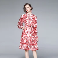 autumn a line retro long sleeve dresses o neck stand collar printed vintage dress office lady sashes knee length woman dresses