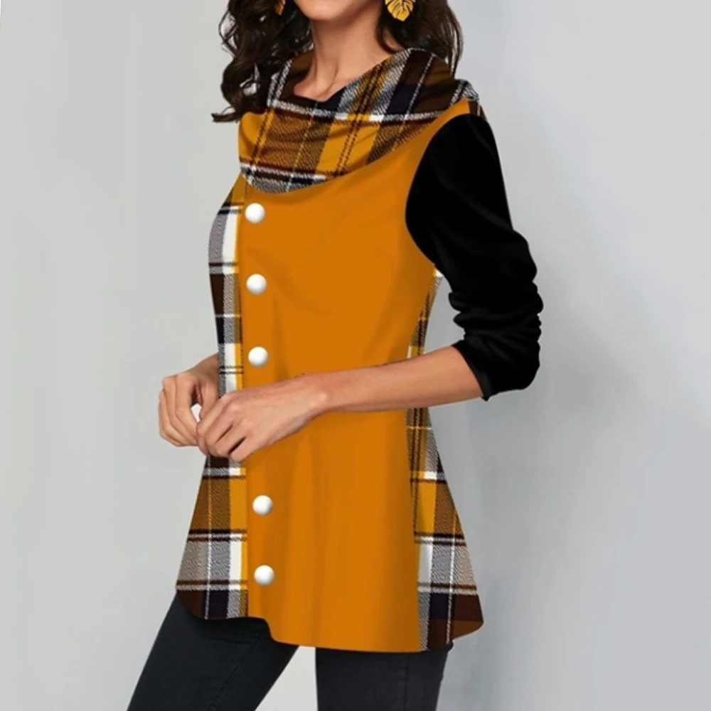 Женские клетчатые толстовки Толстовка на пуговицах с длинным рукавом осень и