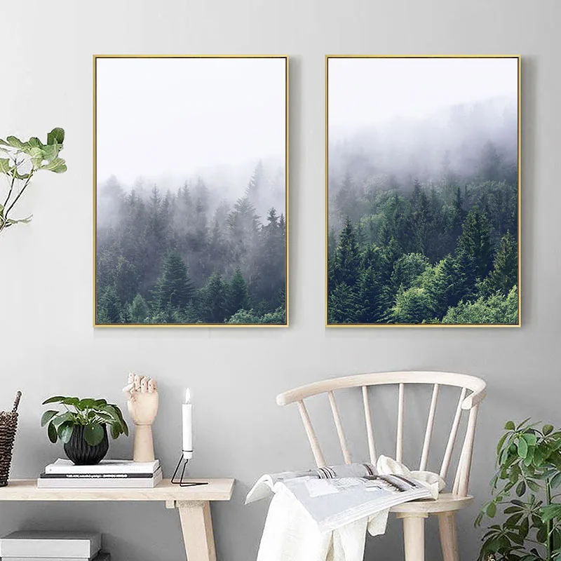 Туманный лес Пейзаж Плакат в скандинавском стиле Холст Wall Art Картина