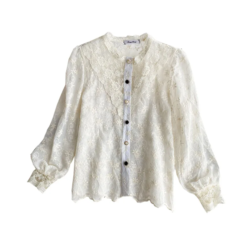 

Women Autumn Spring New Lace Shirt Crochet Long-sleeved Single Breasted Hollow Wild Korean Style Top Female Blouse UK089