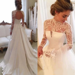 Gorgeous Long Sleeve Wedding Dresses With Sheer Neck Jewel Sexy Open Back Bridal Gowns Satin Vintage Wedding Dress Lace Top