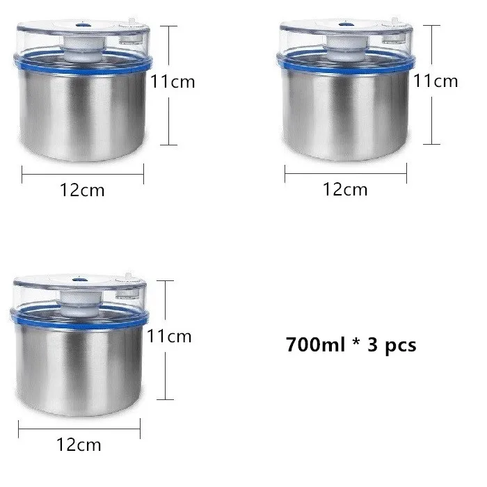 700ml 3pcs Контейнер для хранения продуктов из нержавеющей стали, контейнер для сохранения свежести(1300 мл+ 1000 мл+ 700 мл), вакуумный контейнер, уплотнитель насоса для пищевых продуктов, распродажа - Цвет: 700ml 3pcs