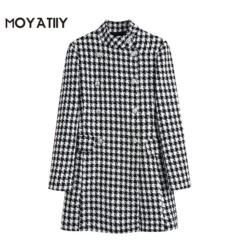

MOYATIIY Women 2022 Fashion Houndstooth Pattern Coat Officce Ladies Double Breasted Overcoats Long Sleeve Female Tops