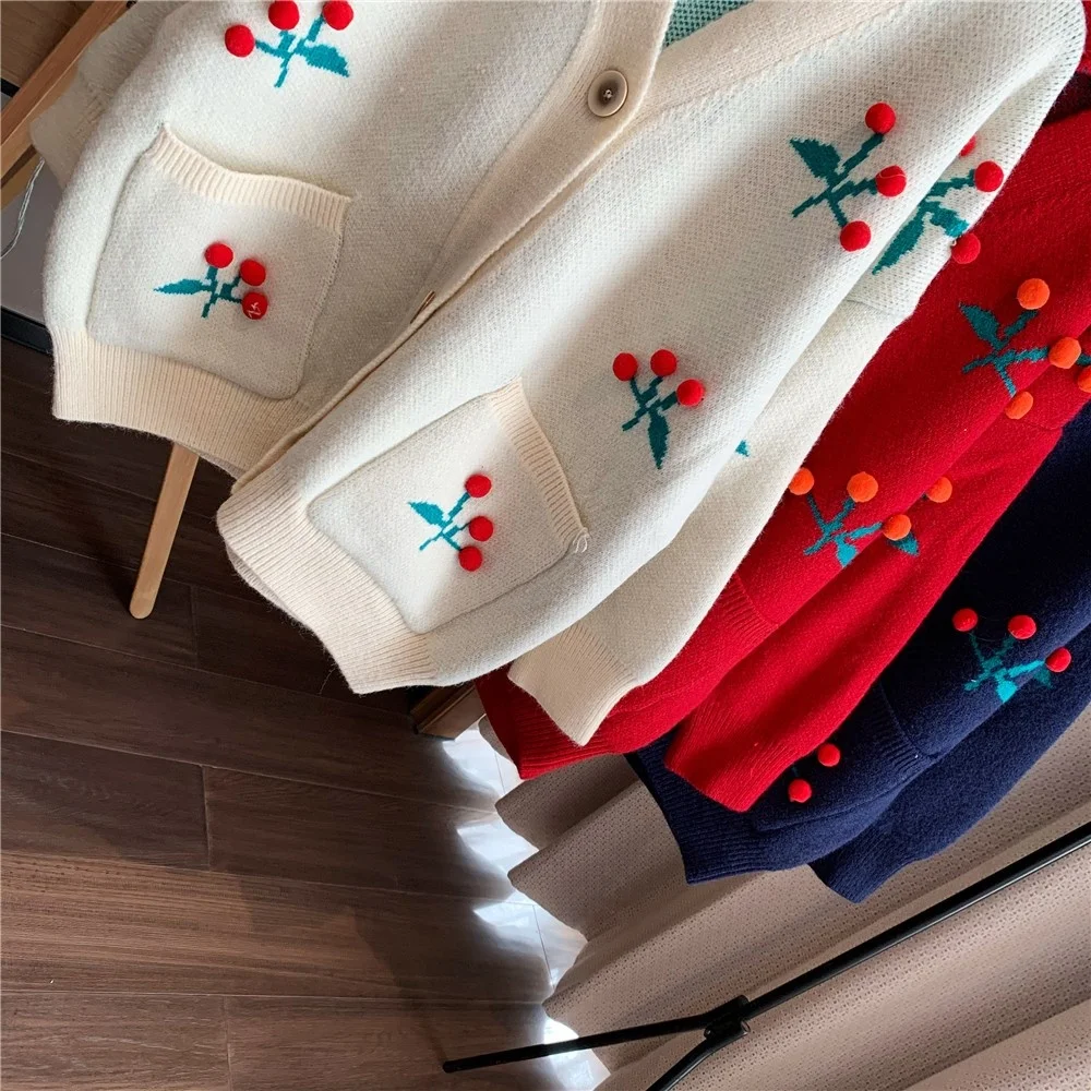 

Juice Snow 2020 Autumn And Winter New Cute Cherry Ball V-Neck Cardigan Sweater Women Loose Top