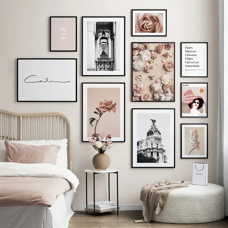 

Fashion Poster Pink Flower Plant Print Wall Art Canvas Painting Black and White Building Classical Modern Living Room Decoration