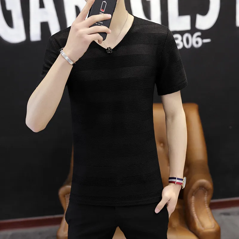 

2541-R-Canvas T-shirt male Korean version of the trend of wild students tide T-shirt low to help casual