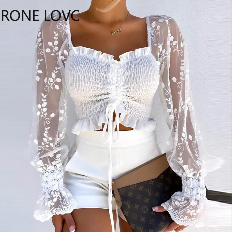 Женская блузка с длинным рукавом оборками на подоле | одежда