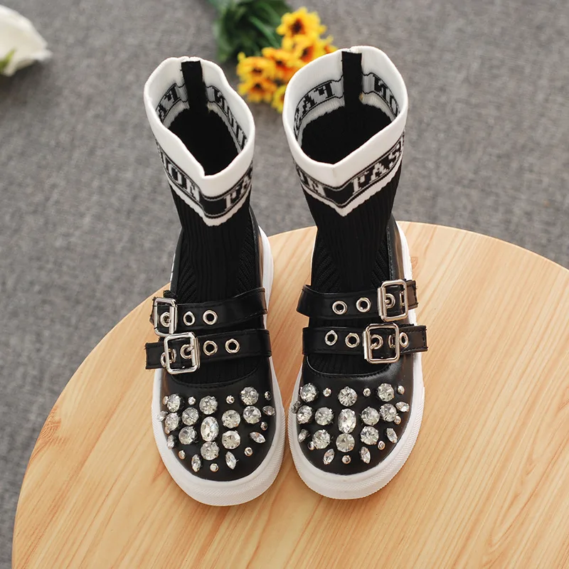 Ботинки для девочек Осенние вязаные стразы детские высокие ботинки кроссовки