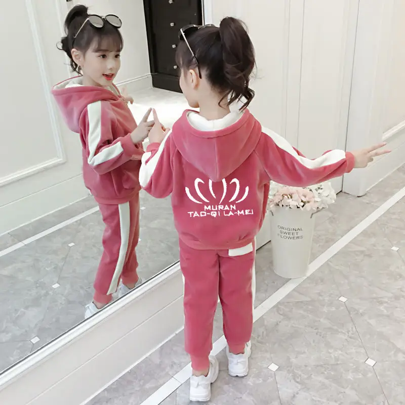 Girls Children's Winter Thick Velvet Warm Clothing Set 2Pcs Kids New Casual Tracksuit Children's Sportswear Suit  4-13 Years