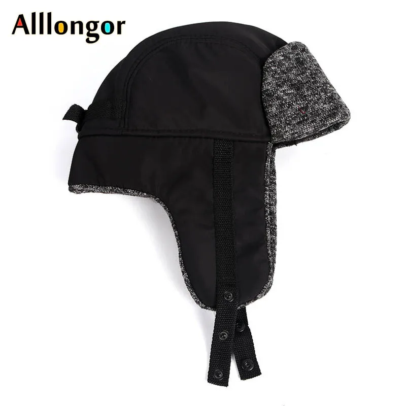 Winter ushanka Russian fur Wool hat Bomber Men Dad Hats Ushanka pilot Aviation Gorro Ruso earflaps russian Cap Ear Flap - Цвет: Черный