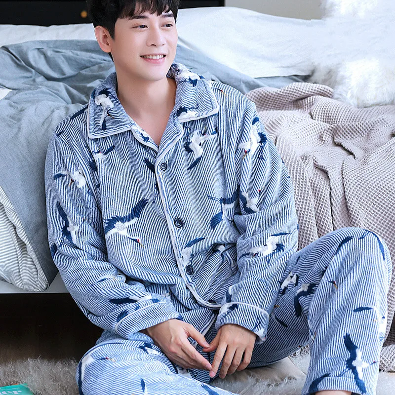 

H5900 Men Pajamas Set Plus Size Thick Flannel Sleepwear Coral Velvet Autumn Winter Home Wear Male Comfortable Casual Nightgown