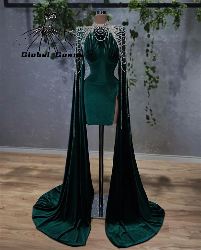 Купи Velvet Aso Ebi Green O Neck Short Prom Dresses For Black Girls Beads Tassel Bithday Party Dress With Long Sleeve Robe De Soiree за 9,360 рублей в магазине AliExpress