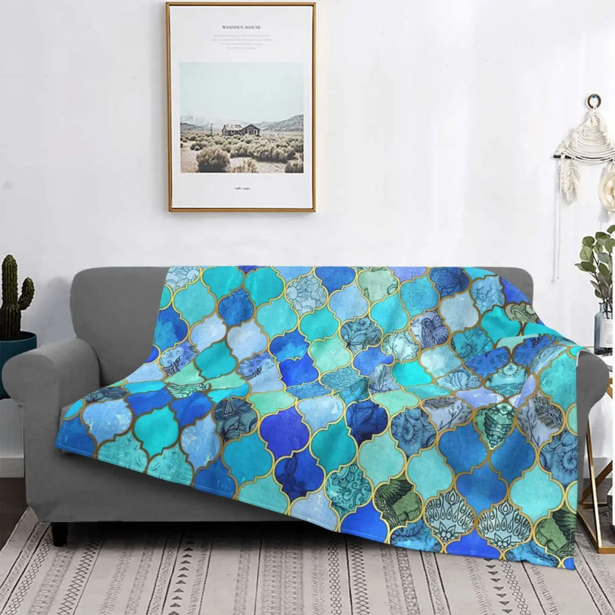 Cobalt Blue Aqua Gold Decorative Moroccan Tile Pattern Throw Blanket Pompompurin Bed Cover 240 Love Throws | Дом и сад
