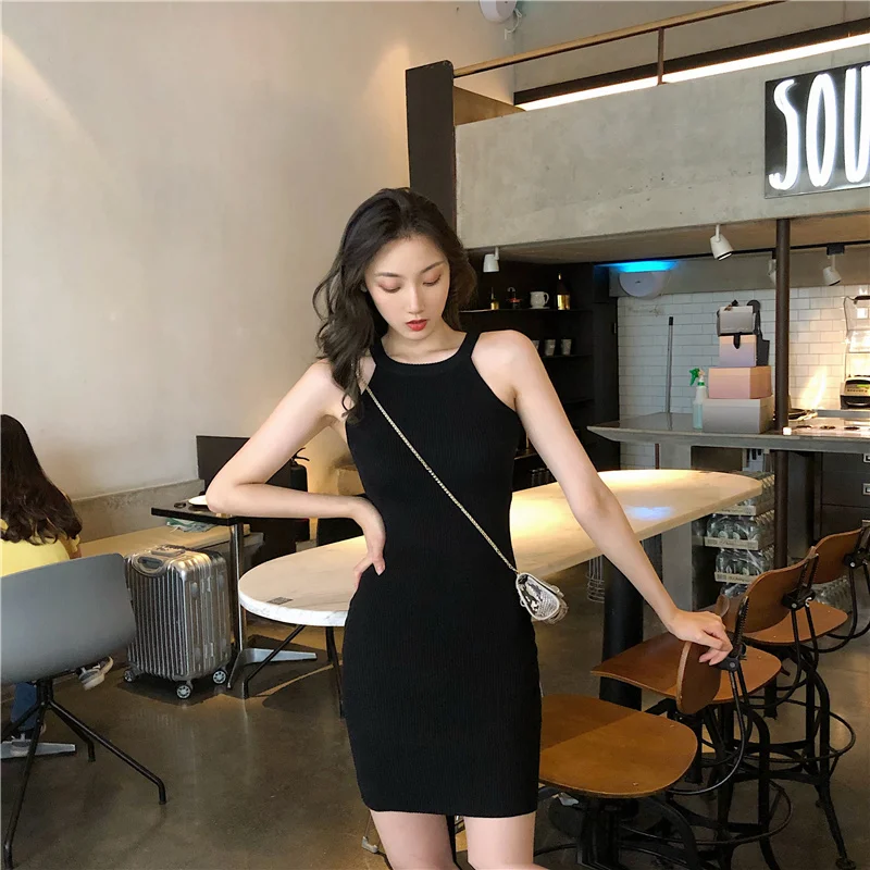 

Women's Spring Clothing Korean Style Temperament High Waist Slim-Fit Halter Knitted Suspender Dress Sleeveless Stretch Slimming