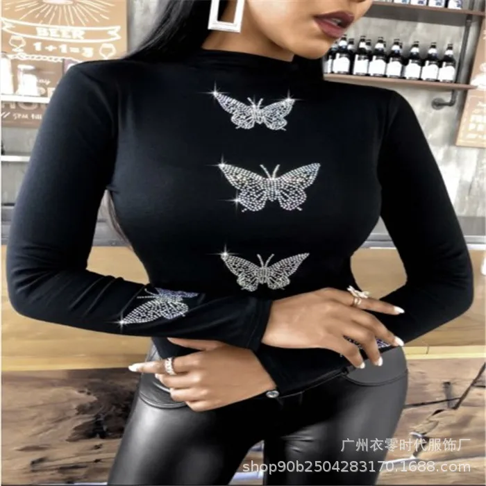

Women's high collar butterfly diamond T-Shirt Top spring and autumn women's fashion elegant sexy hollow slim fit Pullover