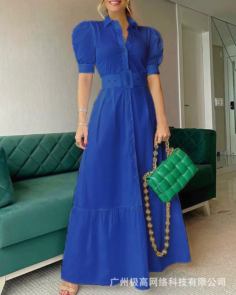 

women's white puff sleeve shirt dress-with belt