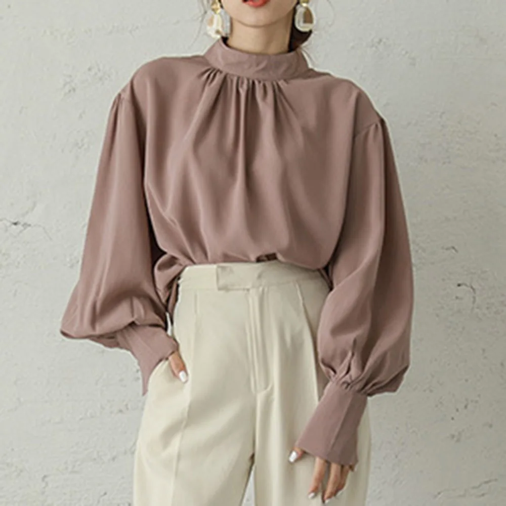 

Blouse 2021 Japan Korea New Chiffon Shirt Women Puff Sleeve Stand Collar Urban Elegant Professional Long Sleeve Shirt Tops