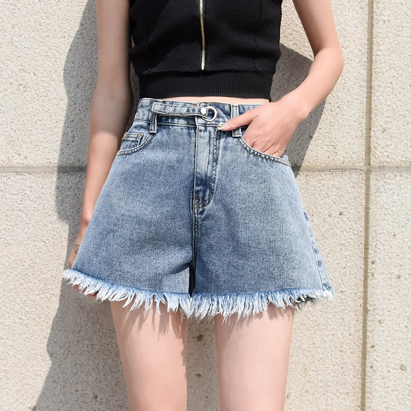

Women Denim Shorts New Buttons Pocket PantsSummer High Waist Burrs Wide Leg Pants Slim All-match Loose Fashion Casual