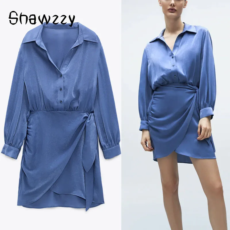 

2021 Za Satin Effect Knotted Blue Dress Women Elegant Long Sleeve Office Mini Summer Dresses Woman Chic Elastic Waist Vestido