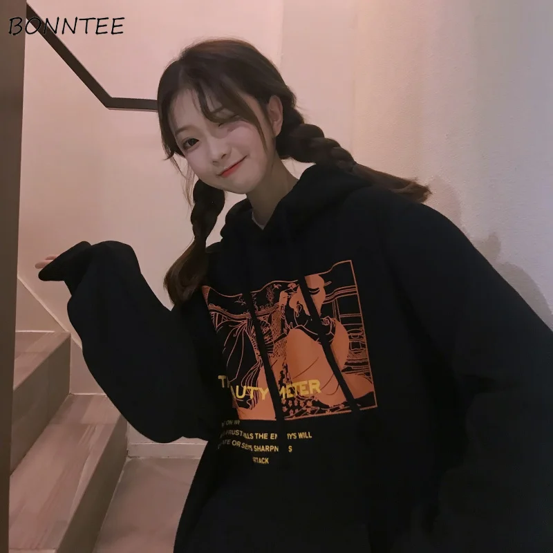 Женские толстовки с капюшоном зимние плотные теплые свободные худи принтом