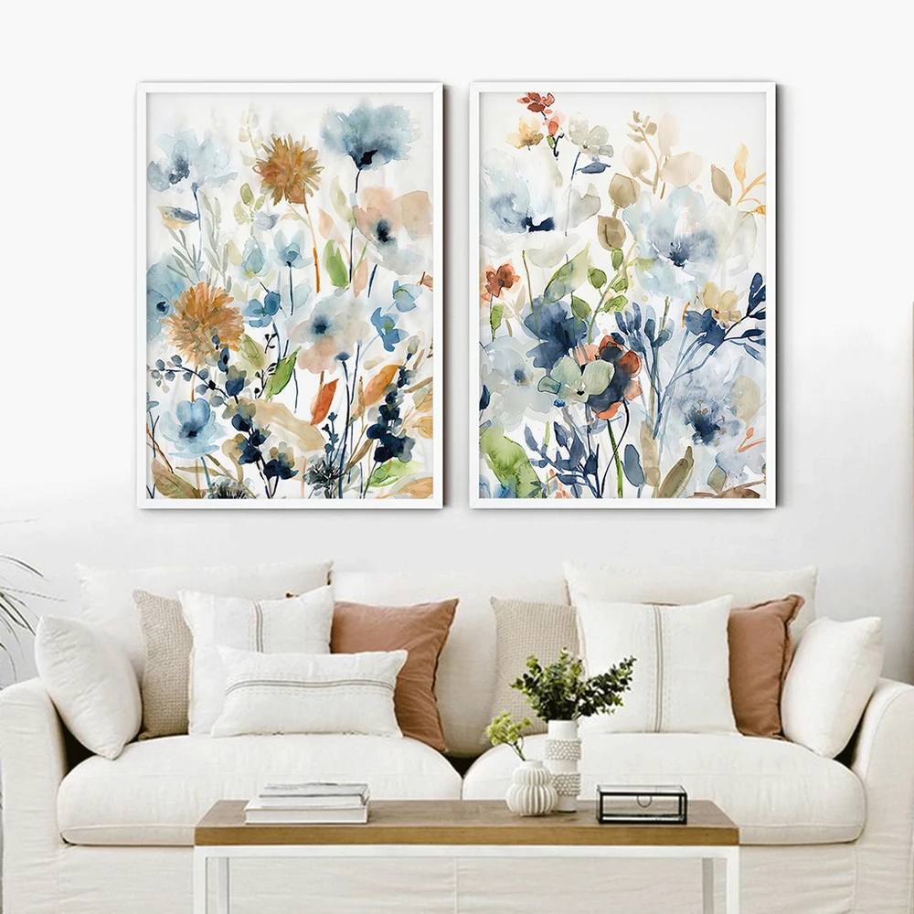 

Watercolor Blue Flower Painting Canvas Prints Wildflower Bouquet Floral Plants Posters Wall Pictures for Living Room Decoration