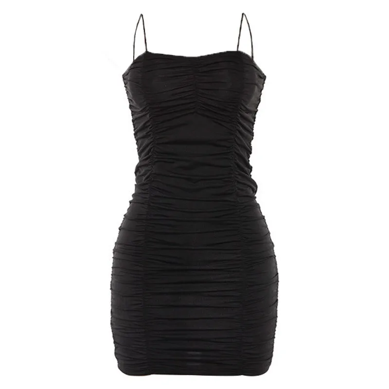 

Black Bodycon Dress Women Girls Sexy Strap Pleated Dress Sleeveless Mini Bandage Party Evening Dress