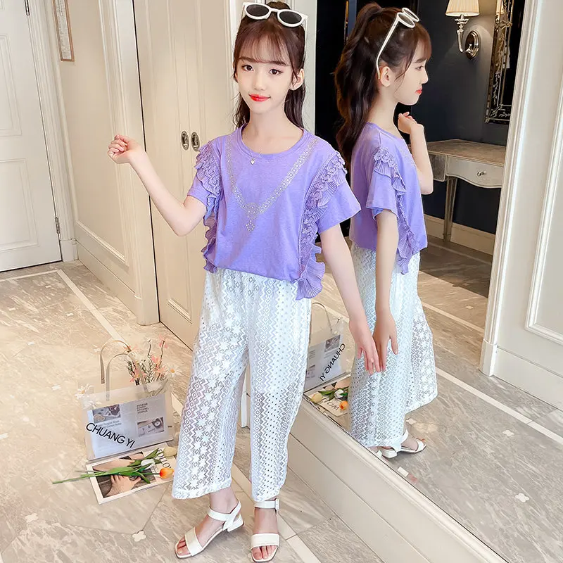 Комплекты одежды для девочек подростков топ с коротким рукавом и оборками + белые