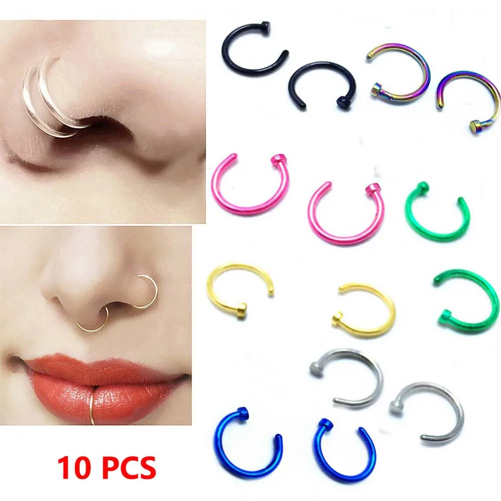 

10Pcs Nose Ring Surgical Steel Fake Nose Rings Hoop Lip Nose Rings Small Thin Piercing Jewelry