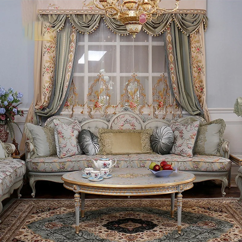 

French palace solid wood carved light blue gray turquoise imported fabric jacquard retro villa fabric sofa