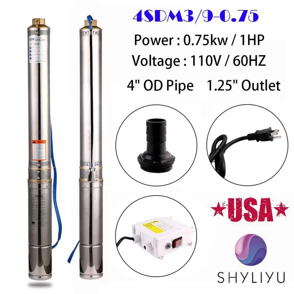 Погружной насос SHYLIYU 1HP 4 дюйма из нержавеющей стали для глубоких скважин 110 В 92 м