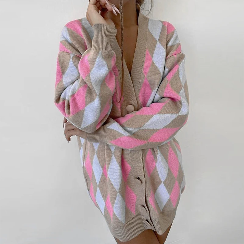 

Argyle Knitted Sweater Women Loose Plaid Cardigan Autumn Vintage Oversized Cardigan Casual Long Sleeved Knitwear Pull Femme